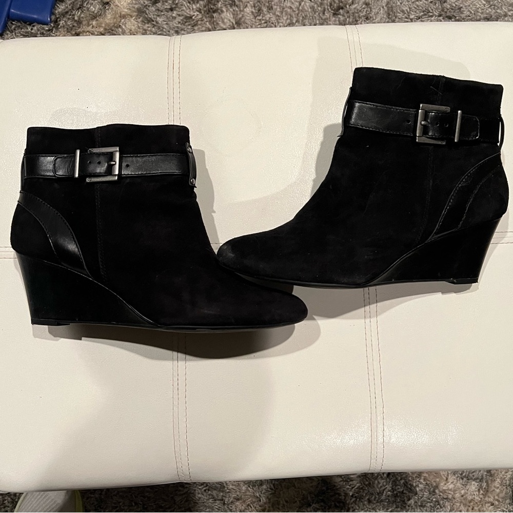 Women's Black Suede Wedge Ankle Boots with Buckle